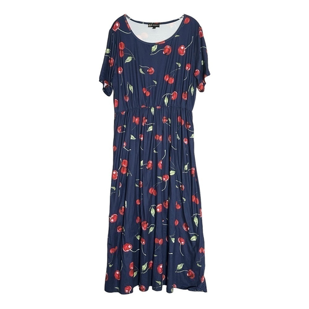 Boutique Cherry Print 2X Stretchy Comfy Maxi Dress NWOT With Pockets
